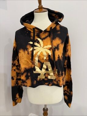 Cropped Tie-Dye Hoodie with Gold LA Palm Graphic - Black & Orange